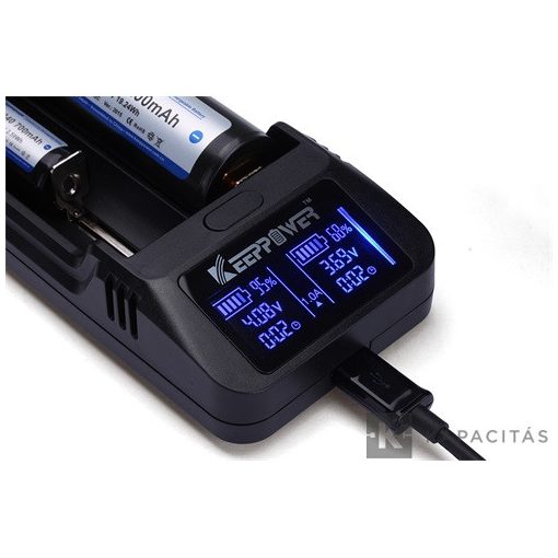KeepPower LCD akku töltő Li-ion 14500/16340/CR123/18650/26650 cellákhoz Power bank funkcióval